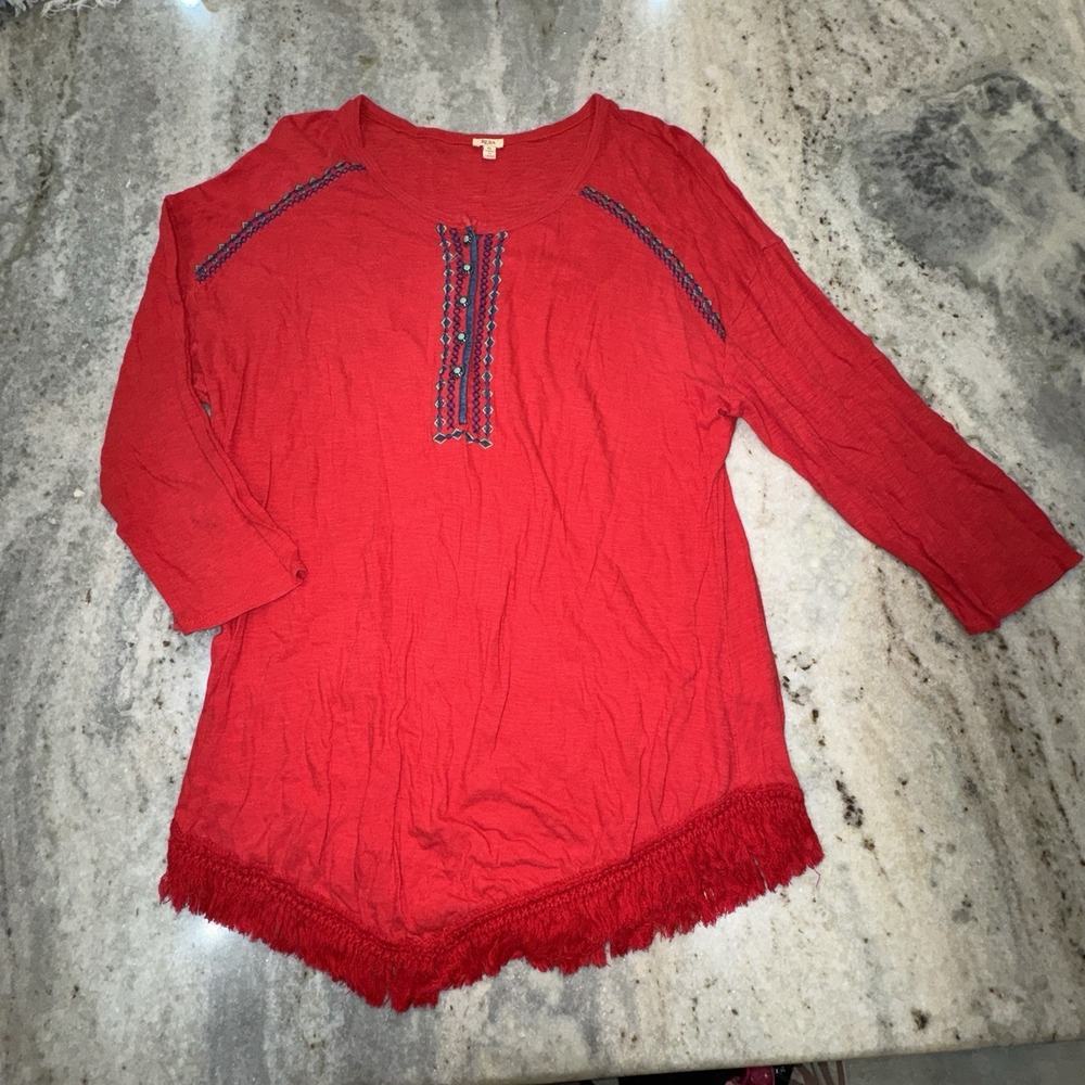 Reba XL Blouse Tunic Turquoise Button Embroidered Fringe‎ Hem 3/4 Sleeve Henley